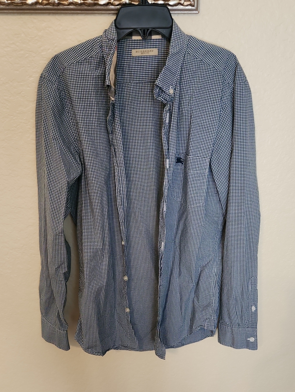 Burberry Mens Blue and White Checked Button-Up Shirt Size S